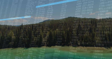 Terminal overlay displaying codes and 'ERROR' entries over turquoise lake and pine hills, glitch. Nature, technology, serenity, digital, landscape, tranquility, innovationの写真素材