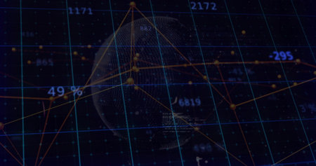 Displaying dotted 3D globe rotating in dashboard, with network lines, grid and floating data labels. Technology, data, visualization, analytics, digital, cyber, connectivityの写真素材