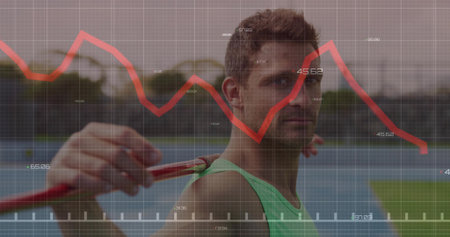 Tennis player in green top standing on tennis court with red racket, copy space. Athletics, fitness, sport, competition, visualization, strategy, activeの写真素材