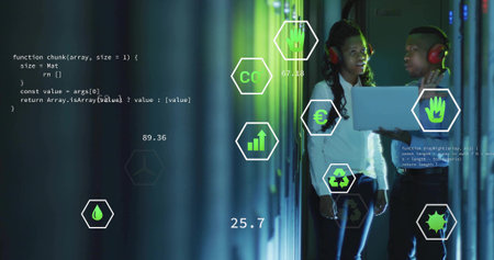 IT pros wearing red headphones conferring in datacenter with racks laptop hexagon icons, copy space....