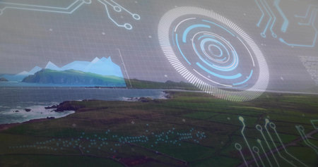 Hovering holographic interface overlaying coastal farmland, with circular HUD graph and circuits. Futuristic, digital, interface, visualization, technology, innovation, ecoの写真素材