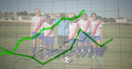 Aligning six jerseyed soccer players linking arms on suburban pitch, with soccer ball, data overlay. Athletics, teamwork, performance, training, fitness, sportsmanship, motivationの写真素材