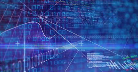 Displaying data visualization floating in grid space, with binary code and financial line graphs. Futuristic, technology, analytics, digital, data, abstract, cyberの写真素材