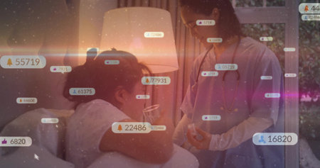 Female patient reclining in hospital bed, with stethoscope-wearing provider. Healthcare, wellness, clinical, patient care, medical environment, professionalism, comfortの写真素材