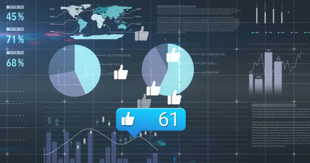 Displaying blue badge showing sixty-one thumbs-up on grid display, with world map and pie charts. Data visualization, dashboard, global analytics, digital interface, infographics, technical, tech-savvyの写真素材