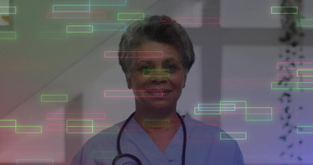 Standing healthcare professional wearing blue scrubs with stethoscope, in clinic with data overlays. Medical, healthcare, professional, diagnostic, analysis, technology, hospitalの写真素材