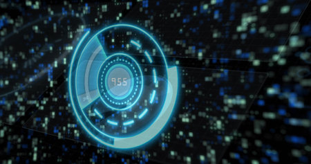 Projecting blue hologram interface floating in digital grid, with pixel blocks and readout 955. Futuristic, technology, digital, interface, data visualization, cyber, immersiveの写真素材