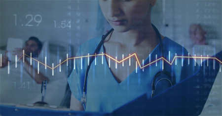 Indian nurse reviewing clipboard with stethoscope in hospital ward, with medical data overlay....