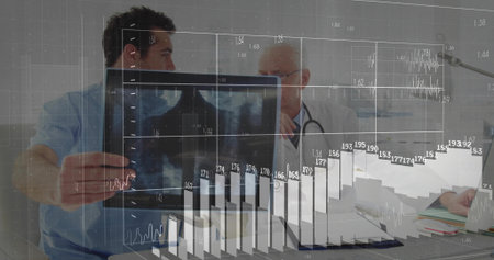 Doctor and patient reviewing chest X-ray in clinic room, with stethoscope and data overlay. Medical, diagnostics, data visualization, professionalism, healthcare, scientific, modernの写真素材