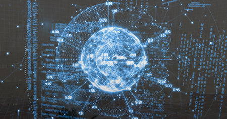 Displaying blue sphere with nodes, lines in data visualization, with numeric labels, code, grid....