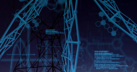 Floating blue lattice nodes in digital grid, with power tower silhouette and hexagonal mesh pattern....