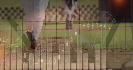 Sprinting baseball player in white pants, cleats on pitcher's mound, with financial charts overlay. Athletics, teamwork, competitive, dynamic, sportswear, performance, motionの写真素材
