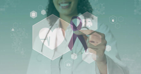 Selecting doctor tapping hexagonal health icons on digital interface, with stethoscope and lab coat....