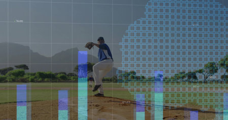 Pitching player in blue uniform on dirt mound, with ball in glove, bar chart, grid overlay. Athletics, sports analytics, competition, outdoor, teamwork, performance, dynamicの写真素材