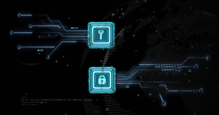 Displaying turquoise key and padlock icons linking circuits in security screen, binary map patterns....
