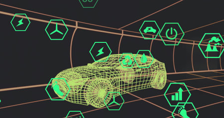 Showcasing wireframe car model gliding through 3D tunnel, with floating green hexagonal icons. Futuristic, digital, innovative, technology, engineering, automotive, virtualの写真素材