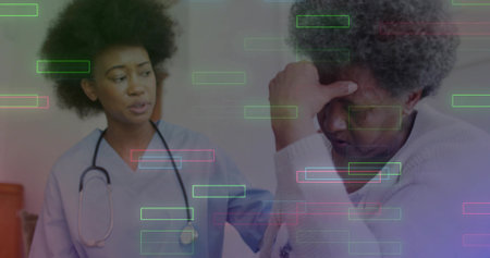 Mature woman sitting sofa tapping smartphone screen exploring tech app with data overlays driftingの写真素材