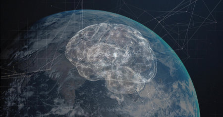Showing lit neural network brain graphic expanding over Earth in low orbit, with linked grid nodes....