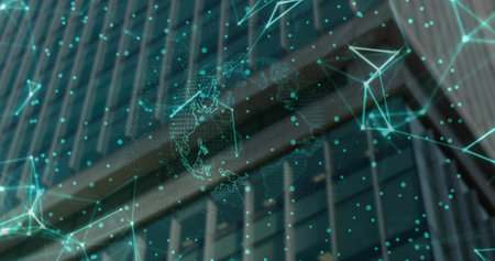 Holographic network overlay hovering over office tower facade, with wireframe globe and data points. Futuristic, technology, urban, architecture, abstract, digital, connectivityの写真素材