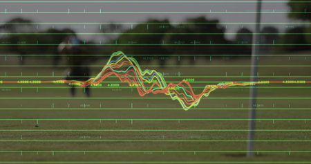 Bowling mature man on grass field wearing white shirt and cap, with waveform overlay, copy space....