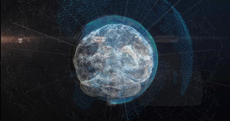 Floating holographic brain emitting data nodes on network lines in grid, radiating light streaks....