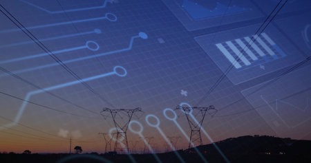 Receding high-voltage towers stretching across dusk hills, with digital circuit, data-chart overlay....
