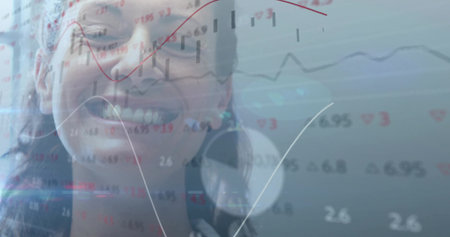 Woman wearing headphones analyzing financial data in digital background, with charts. Technology, analytics, data, innovation, digital, progress, businessの写真素材