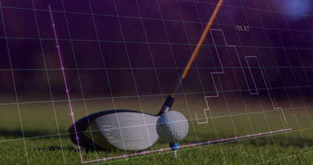 Positioning white golf ball on blue tee under poised driver head on fairway, showing data overlay. Sport, analytics, technology, precision, outdoor, modern, performanceの写真素材