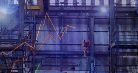 Featuring orange overhead crane hook-pulley moving across rail in warehouse, with chart overlay....