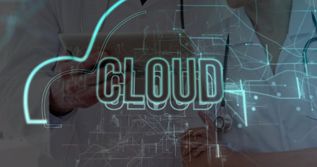 Displaying holographic CLOUD network interface in medical office, with tablet and stethoscopes....