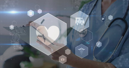 Holding pen, clipboard, nurse with stethoscope viewing floating medical icons in clinic, copy space. Medical, healthcare, clinical, diagnostic, digital, professional, wellnessの写真素材