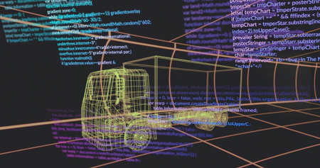 Wireframe 3D truck model rotating on grid floor in virtual workspace, with overlaid source code. Technology, innovation, design, engineering, cad, visualization, digitalの写真素材
