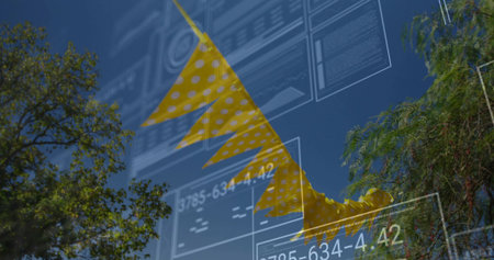 Overlaying stylized yellow arrow over forest branches under blue sky, featuring digital panels. Nature, technology, interface, data, growth, innovation, outdoorの写真素材