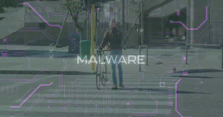 Pushing man with bicycle across zebra crosswalk on street with purple circuit overlay, MALWARE text. Urban, technology, security, digital, modern, protective, futuristicの写真素材