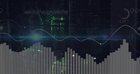 Displaying white bar chart on grid with green code patterns, featuring glowing line graph, HUD....
