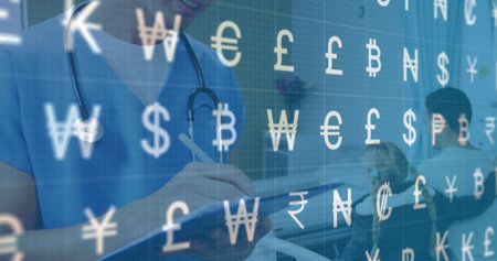 Writing doctor in scrubs marking clipboard at consultation desk, copy space. Medical, digital, healthcare, transaction, clinic, insuranceの写真素材