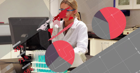 Analyzing on computer female researcher in lab coat at bench, viewing pie charts and map overlay....