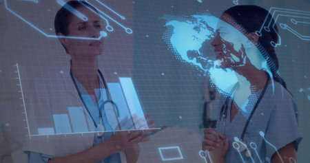 Standing staff wearing scrubs showing global data overlay in corridor, with stethoscopes. Medical,...