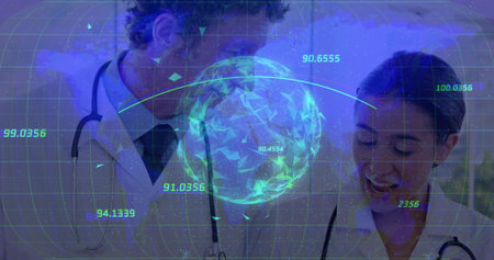 Male and female physicians analyzing holographic globe in lab, wearing stethoscopes, with data grid....