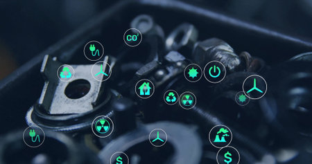 Tech pro walking waterfront pulling smartphone, speaking showing glitchy code and world-map overlayの写真素材