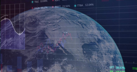 Displaying Earth globe focusing on North America in virtual dashboard, with financial overlays....