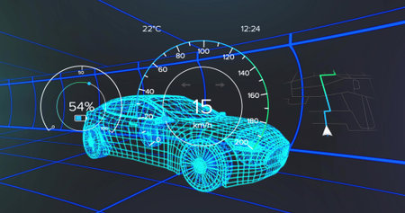 Displaying wireframe car model navigating 3D grid tunnel, with gauges, clock and navigation arrow. Futuristic, digital, technological, innovation, simulation, transportation, data visualizationの写真素材
