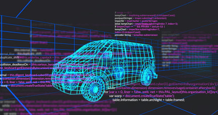 Displaying wireframe van model rotating within virtual 3D workspace, with floating code blocks. Futuristic, digital, technical, immersive, high-tech, innovative, virtualの写真素材
