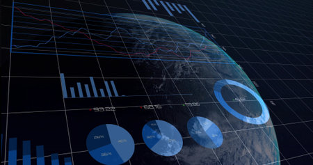 Displaying illuminated Earth globe floating in space grid, with grid lines and chart overlays....