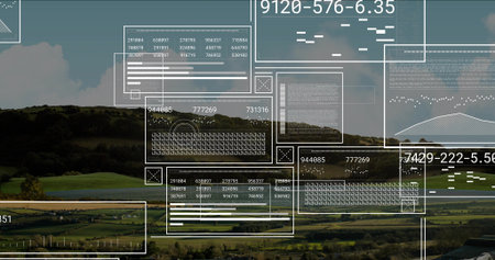 Floating clear panels displaying charts over rural valley fields, with grids and code fragments....