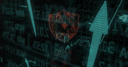 Displaying glowing shield with microchip circuit traces on dashboard, upward arrow and data graphs. Cybersecurity, futurism, technology, innovation, data analysis, digital infrastructure, financial growthの写真素材