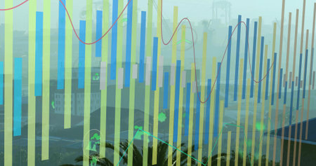 Displaying overlay of bar chart and red line at port, with icons, containers, cranes, palm fronds....