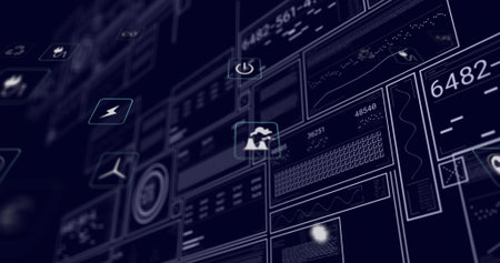 Showing factory icon sending smoke above data dashboard panels, with graphs, floating icons. Technology, analytics, innovation, futurism, data visualization, digital interface, corporateの写真素材