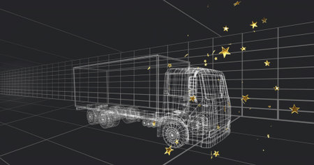 Displaying wireframe cargo truck occupying center of virtual grid space, with floating golden stars. 3d model, digital design, futuristic, industrial, technology, animation, engineeringの写真素材