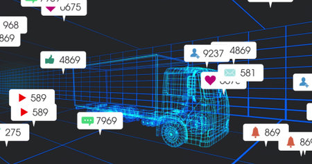 Displaying wireframe semi-truck model and highlighting floating icon callouts within grid space. Technology, data visualization, digital infrastructure, logistics, futuristic, analytics, interfaceの写真素材